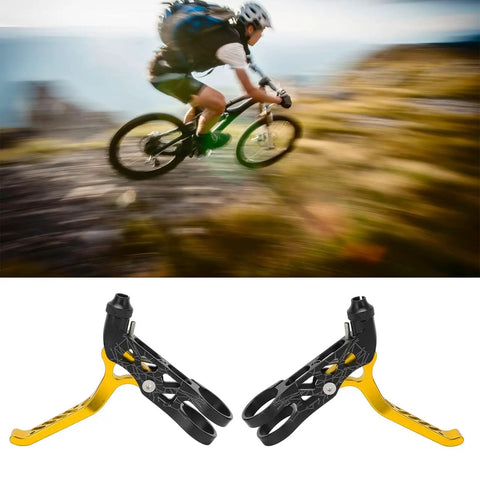 Top Shelf Aluminum Alloy Bicycle Brake Levers Built For A Snappy Pull Feel And Easy Handlebar Adjustments Perfect For Road Mountain Or Folding Bikes Finished In Sleek Matte Gold. Black and yellow levers shown from the side.