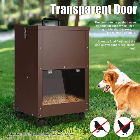 Real Deal Automatic Gravity Dog Feeder With Smooth Rolling Wheels For Large Breed Puppers, Self Refilling Bulk Kibble Dispenser with transparent door.