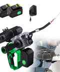 Top Shelf Cordless Wire Threading Tool, Fully Automatic Cable Puller With Push To Adjust Speed And Protective Wheel Guard, Heavy Duty Beast For Plumbing Electrical Pipes, Handles Conduits No Sweat, Dual Battery Rig, featuring dual lithium batteries and protective wheel guard.
