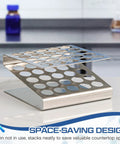 Z Shaped 25 Hole Stainless Steel Test Tube Rack For 16mm Tubes 5 By 5 Holder Stand Storage For Scientific Experiments, angled view
