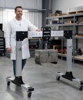 Premium Aluminum Gantry Crane Rated For 2000 Pounds with a metal box suspended in a workshop setting.