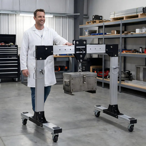Premium Aluminum Gantry Crane Rated For 2000 Pounds with a metal box suspended in a workshop setting.