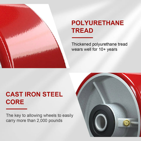 Close-up of a polyurethane tread on steel wheel for five inch heavy duty caster wheels set of four 1000 lb per wheel.