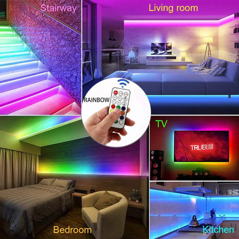 Rainbow RGB LED Strip Lights Kit 32.8ft 12V Waterproof used in living room, stairway, bedroom, kitchen, TV area with remote control