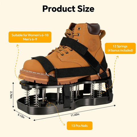 Spring Loaded Lawn Aerator Shoes With Velcro Straps One Size Fits All Self Cleaning No Installation Aerating Shoes For Lawn Garden Yard Black Effort Saving Design With Premium Spring Rebound For Easy On Off And Clean Performance showing sizing dimensions and fit.
