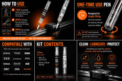 Infographic showing Two Pen Pro Grade Lubricant Kit You Can Trust For 3D Printers And CNC Gear with usage instructions