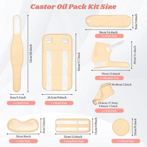 12 Piece Castor Oil Pack Kit With Reusable Organic Cotton Wraps For All Over Body Relief From Shoulders To Toes Adjustable Compress Pads For Neck Back Waist Chest Knees And More size chart with measurements for each pack