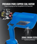 Badass 6 Ton Electric Hydraulic Crimping Pliers With 12 Universal Dies For Cable Lugs And Wire Terminations Delivers Knockout Force With Copper Motor And No Sweat Cooling Operation, with premium copper coil motor and cooling system.