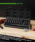 Open case of Go-To 27-Piece 3/8-Inch Drive Metric Impact Socket Set With 12-Point Cr-V Steel 7mm To 19mm on a workbench