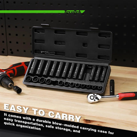 Open case of Go-To 27-Piece 3/8-Inch Drive Metric Impact Socket Set With 12-Point Cr-V Steel 7mm To 19mm on a workbench