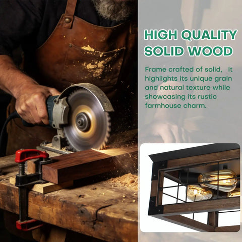 Artisan crafting a Rustic Wood Four Light Flush Mount Ceiling Fixture with Open Geometric Cage for cozy rustic vibe lighting.