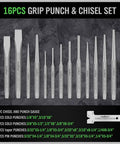 16PCS grip punch and chisel set with pin punches taper punches cold chisels for automotive metalworking tasks