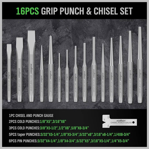 16PCS grip punch and chisel set with pin punches taper punches cold chisels for automotive metalworking tasks