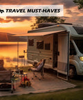 RV parked by a lake with awning, chairs, and camping setup during sunset, labeled 'Travel Must-Haves'.