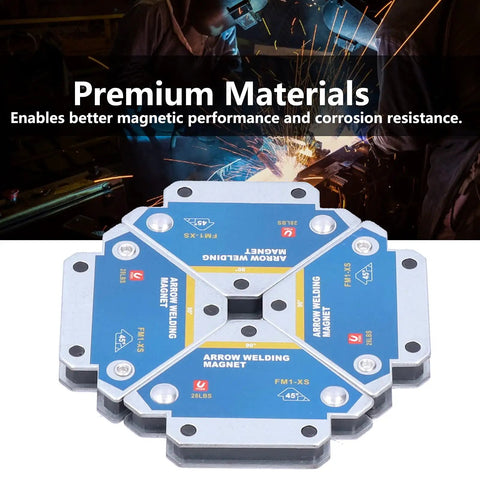 Heavy Duty 4 Piece Welding Magnetic Holder Set with 28Lb Suction Arrowhead Magnets, 45°/90°/135° angles in use.