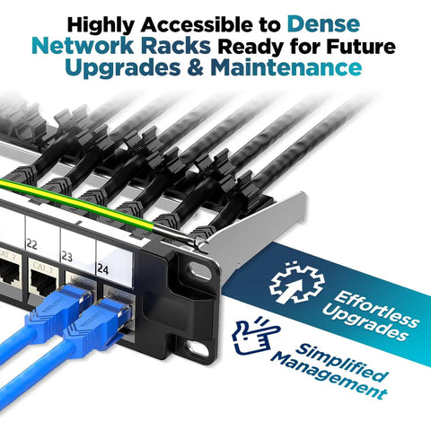 24 Port 1U Shielded Cat7 Patch Panel With 10G Inline Coupler, 19 Inch Rackmount Or Wall Mount, rear cables connected
