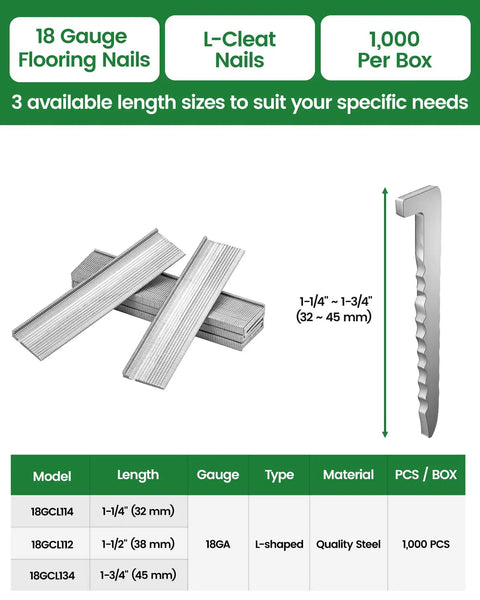 Tough As Nails Smooth Drivin 18 Gauge L Cleat Flooring Nails 1-1/4 Inch Pro Hardwood Install Essentials in bulk, displayed with specs.