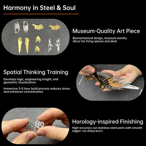 3D Metal Model Kit For Adults And Teens Do It Yourself Mechanical Puzzles parts displayed and being assembled by hands