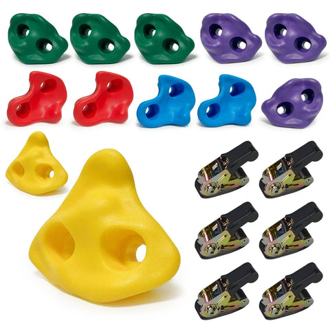 12 Piece Large Ninja Tree Climbing Holds Kit For Kids With 6 Ratchet Straps, Bright 5 Color Climbing Rocks In 3 Shapes Displayed