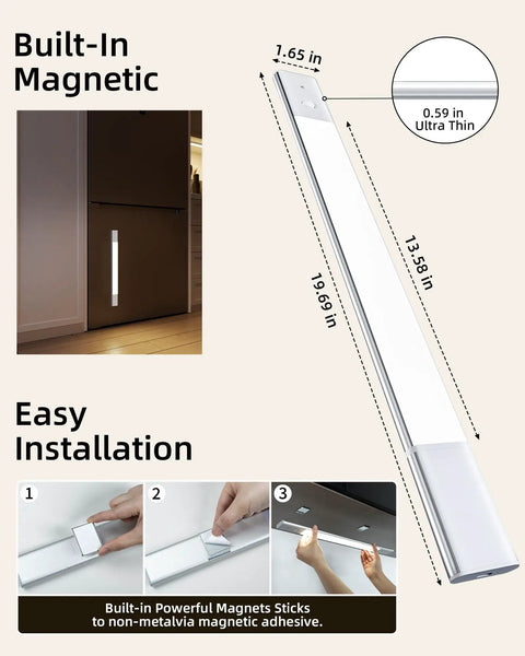 Under Cabinet Lighting With 2200mAh Rechargeable Battery, 76 LED Dimmable Closet Lights shown with built-in magnets for easy setup