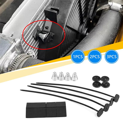 Heavy Duty Electric Cooler Tie Down Kit Street Ready Radiator Fan Zip Ties showing mounting hardware with zip ties and clamps.