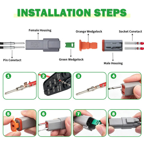 Installation steps for DT 2-Pin Waterproof Automotive Wire Connector Kit Gray With DT04-2P Male And DT06-2S Female, 5-Pack