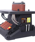 Heavy Duty Two In One Oscillating Spindle And Belt Sander With Tilting Table For Quick Woodwork Finishes Powered By A Rock Solid Five Hundred Watt Motor Designed For Zero Sweat Operation, displaying sanding belt and adjustable settings.