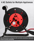 Back view of Portable Extension Cord Storage Reel with hand crank showing four outlets and cords plugged in