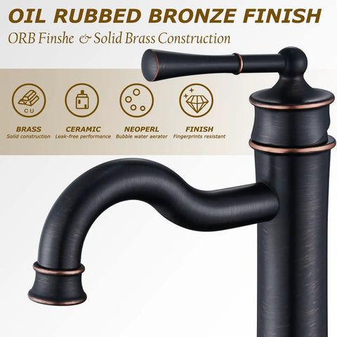 Vessel Sink Faucet Tall Deck Mount Bathroom Dope Look With ORB Finish Brass Construction Roman Arc Spout Pop Up Drain Assembly