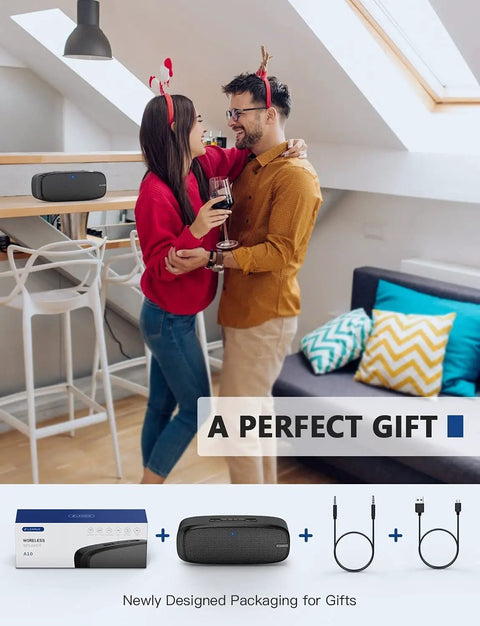 Couple enjoying music with Bluetooth Speaker Portable Wireless Speaker With Loud Stereo Sound And Rich Bass, 12 Hour Playtime.