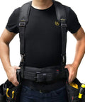 Person wearing Padded Tool Belt Suspenders Three Point Support With Three Pack Loops, Adjustable Shoulder Clips, Nickel Plated Steel Hooks