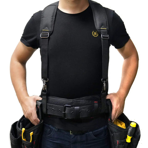 Person wearing Padded Tool Belt Suspenders Three Point Support With Three Pack Loops, Adjustable Shoulder Clips, Nickel Plated Steel Hooks