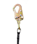 Close-up of metal clip from Half Inch Steel Core Flipline Kit For Tree Climbing Eight Foot Adjustable Lanyard Pro Grade Heavy Duty Arborist Rope