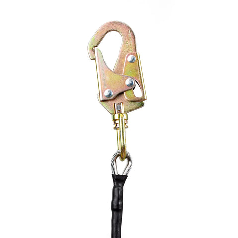 Close-up of metal clip from Half Inch Steel Core Flipline Kit For Tree Climbing Eight Foot Adjustable Lanyard Pro Grade Heavy Duty Arborist Rope