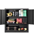 Heavy Duty Metal Wall Cabinet With Locking Doors And Adjustable Shelves, 30W x 12.01D x 30H Inches, interior view with tools