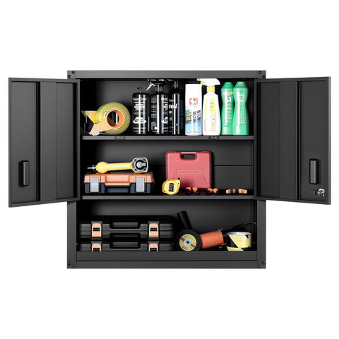 Heavy Duty Metal Wall Cabinet With Locking Doors And Adjustable Shelves, 30W x 12.01D x 30H Inches, interior view with tools