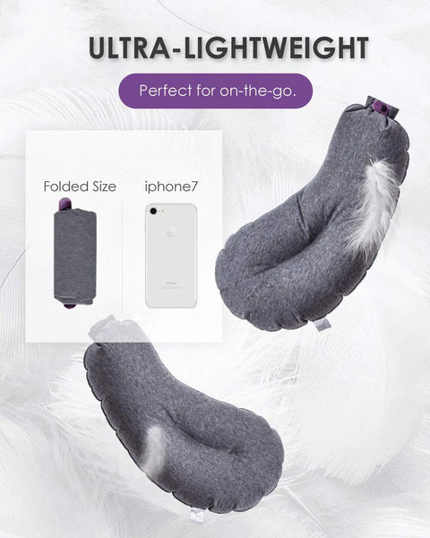 Eggplant Inflatable Pillow with Ergonomic Hug Design for Naps and Lounging, next to iPhone for size comparison, grey color.