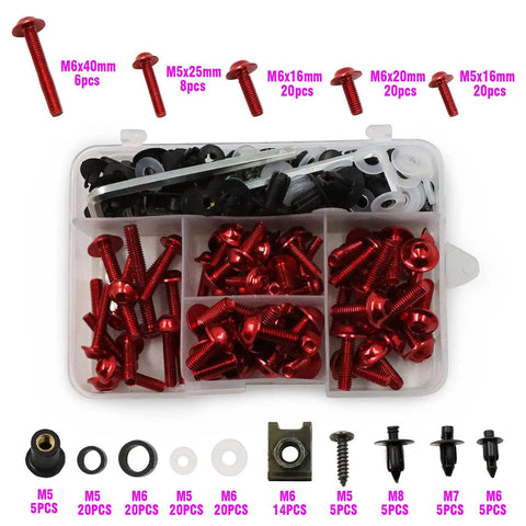Universal Motorcycle Fairing Bolt Kit With 5mm And 6mm Allen Wrenches, Screws, Grommets, Nuts, Bolts, Washers, And Clips No Fuss Install Metric Hardware Set For Most Sportbike Models Orange in a compartmentalized case