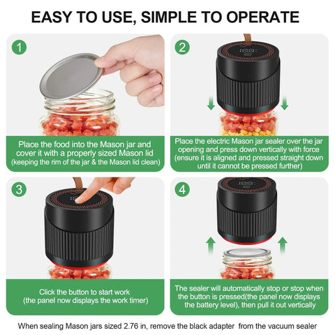 Four-step usage of Handy Upgraded Four In One Electric Mason Jar Vacuum Sealer Kit on a jar.