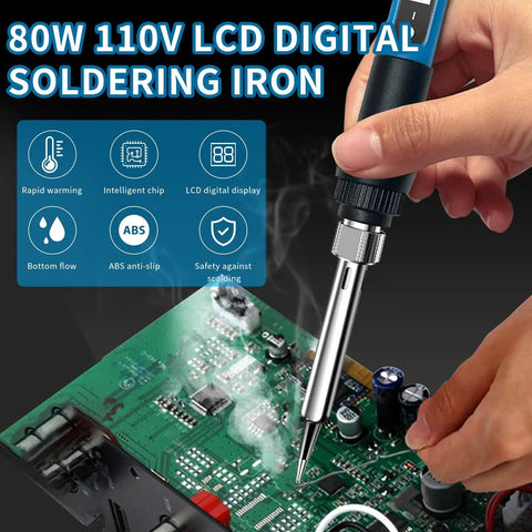 Pro Grade Fast Heat 80W 110V Soldering Iron Kit With LCD Digital Temperature Control shown in use on circuit board