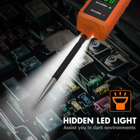 Power Circuit Probe Tester Kit For Automotive Electrical System With 6V-24V DC Test Light illuminating a fuse box