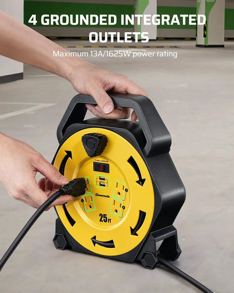 Person using Heavy Duty Cord Reel With Four Outlets And Two USB Ports, 25-Foot Retractable Extension Cord, 16/3 Cable, 13A Breaker
