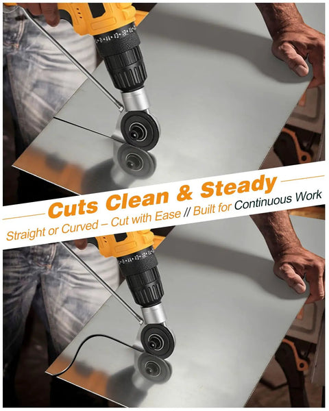 Heavy Duty Metal Cutter Drill Attachment With Stabilizer Handle Precision Electric Sheet Metal Shears For Iron Aluminum Steel Cutting in action cutting sheet metal.