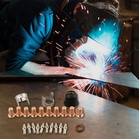 Super Heavy Duty Plasma Cutter Consumables Kit For Harbor Freight 62204 Torch displayed with electrodes and nozzles during welding.