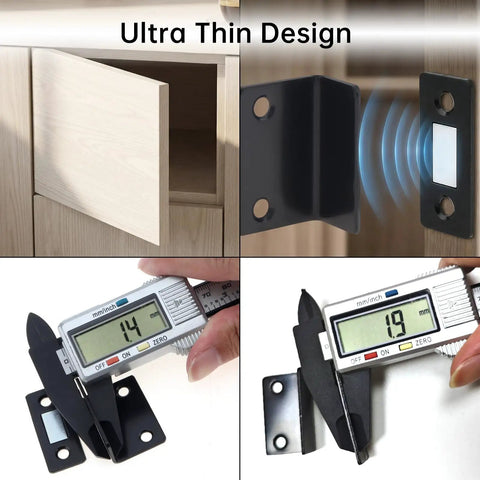 Ultra Thin Magnetic Drawer Catches Pack Of 16 With No Gap L Shaped Strike Plate in use and measured at under 2mm thickness