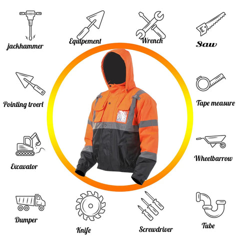 Hi Vis Reflective Bomber Jacket For Men Waterproof And Windproof Safety Coat With Zipper Detachable Hood Multiple Pockets Black Bottom Class 3 High Visibility Workwear For Construction And Outdoor Jobs surrounded by construction tool illustrations.