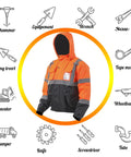 Mens Hi Vis Reflective Bomber Jacket Waterproof With Pockets Zipper Detachable Hood Black Bottom Panel ANSI Class 3