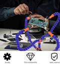 Adjustable Soldering Helping Hands Station With Four Flexible Arms Blue Clamp Mount Welding Aid Platform For PCB Repair And Electronics Soldering Support Tool in use, holding a PCB board