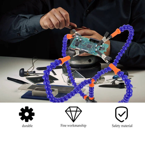 Adjustable Soldering Helping Hands Station With Four Flexible Arms Blue Clamp Mount Welding Aid Platform For PCB Repair And Electronics Soldering Support Tool in use, holding a PCB board