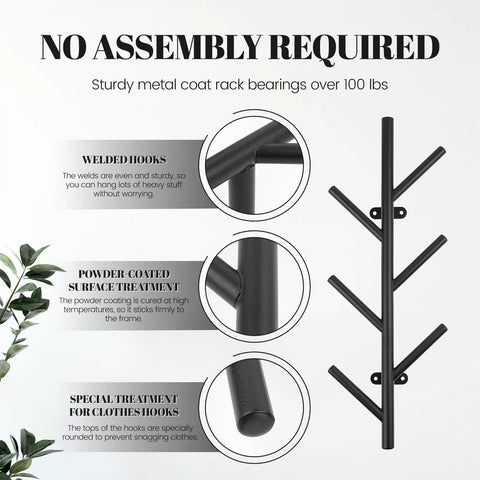 2 Pack Vertical Coat Rack Wall Mount, Metal Slim 16 Inch Wall Hat Rack For Entryways And Closets, assembly details, black